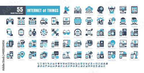 64x64 Pixel Perfect. Internet of Things (IOT). Bicolor solid Glyph Icons Vector. for Website, Application, Printing, Document, Poster Design, etc.