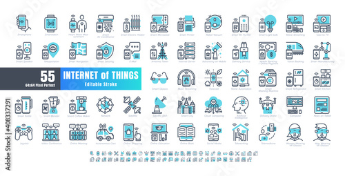 64x64 Pixel Perfect. Internet of Things (IOT). Line Outline and flat Icons Vector. for Website, Application, Printing, Document, Poster Design, etc. Editable Stroke