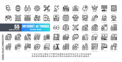 64x64 Pixel Perfect. Internet of Things (IOT). Line Outline and flat Icons Vector. for Website, Application, Printing, Document, Poster Design, etc. Editable Stroke