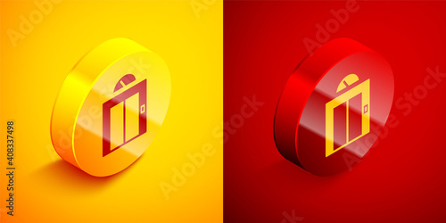 Free Download Isometric Lift icon isolated on orange and red background. Elevator symbol. Circle button. Vector. - GFXLoad