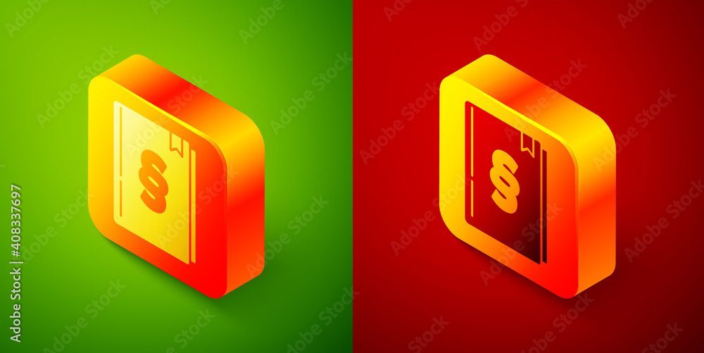 Isometric Law book icon isolated on green and red background. Legal judge book. Judgment concept. Square button. Vector. Isometric Law book icon isolated on green and red background. Legal judge book. Judgment concept. Square button. Vector.