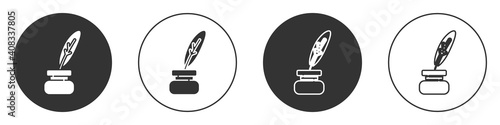Black Feather and inkwell icon isolated on white background. Circle button. Vector.