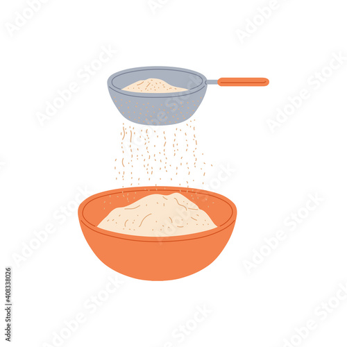 Flying sieve sifting flour into cooking bowl - food baking ingredient