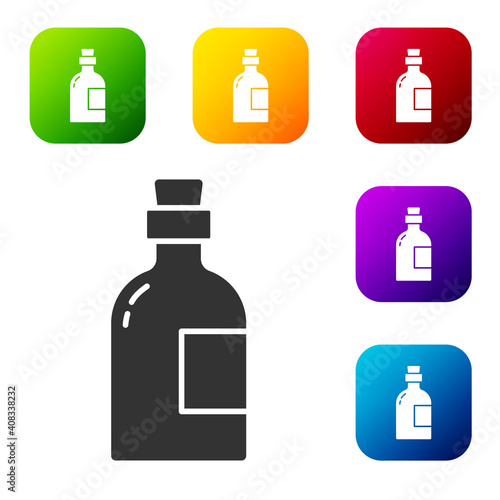 Black Alcohol drink Rum bottle icon isolated on white background. Set icons in color square buttons. Vector.