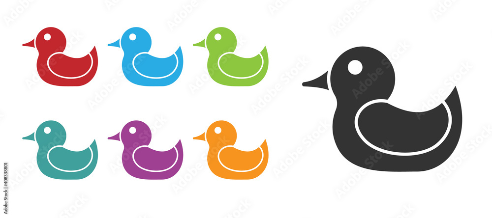 Black Rubber duck icon isolated on white background. Set icons colorful. Vector.
