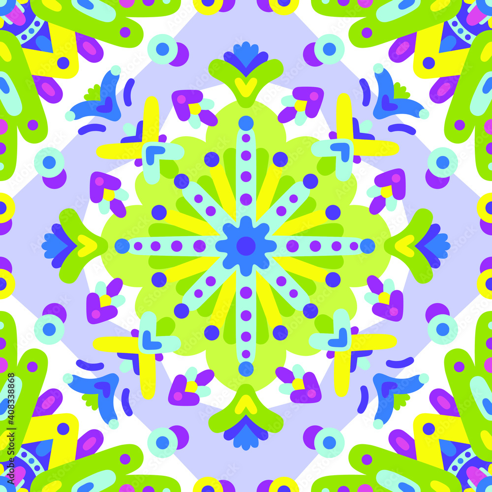 Vector rapport of a seamless pattern from simple shapes. Ornament kaleidoscope for carpet, fabric, wallpaper pattern
