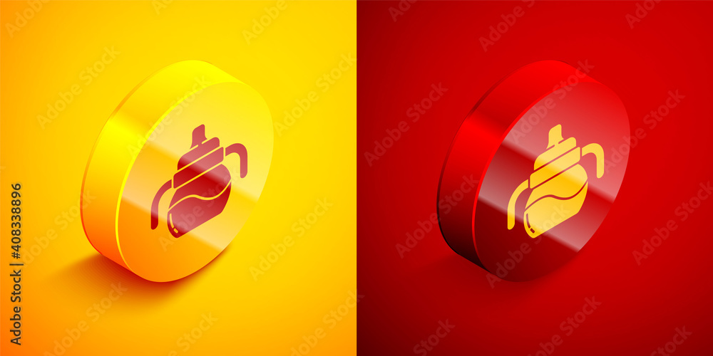 Isometric Baby bottle icon isolated on orange and red background. Feeding bottle icon. Milk bottle sign. Circle button. Vector. Isometric Baby bottle icon isolated on orange and red background. Feeding bottle icon. Milk bottle sign. Circle button. Vector.