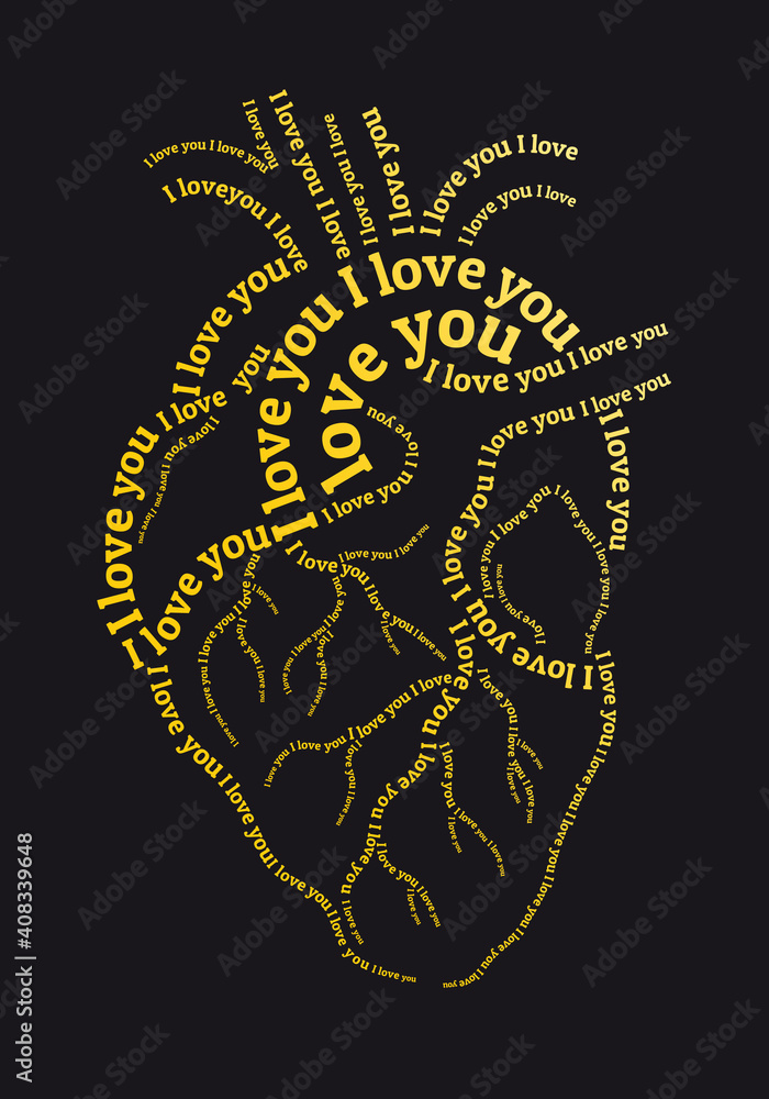 Fototapeta premium Gold human heart with I love you text, vector