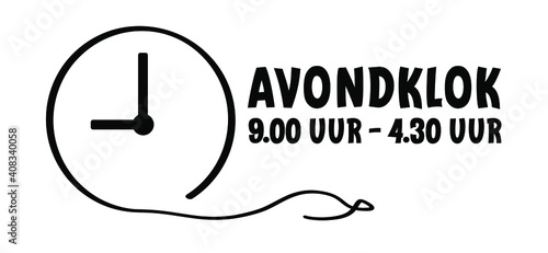 Slogan Curfew. Means Avonklok in the Netherlands. Evening clock, one must stay indoors between 9:00 pm and 4:30 pm. Sleeping time line icon.