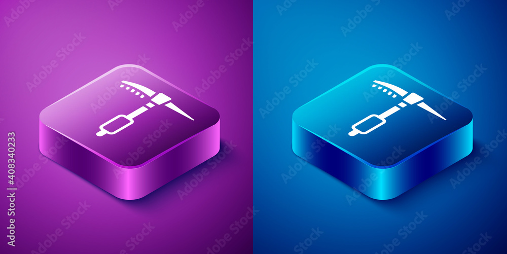 Isometric Ice axe icon isolated on blue and purple background. Montain climbing equipment. Square button. Vector. Isometric Ice axe icon isolated on blue and purple background. Montain climbing equipment. Square button. Vector.