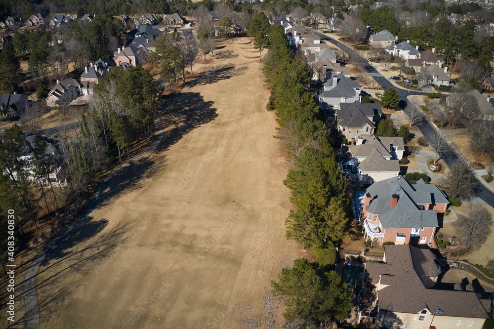 Aerial panoramic view of an upscale subdivision in suburbs of USA