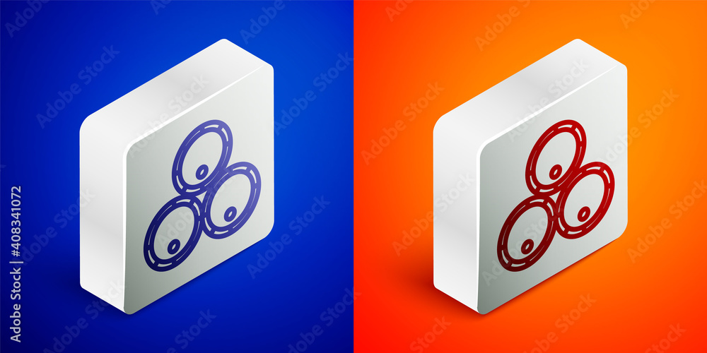Isometric line Wooden barrels icon isolated on blue and orange background. Alcohol barrel, drink container, wooden keg for beer, whiskey, wine. Silver square button. Vector Illustration. Isometric line Wooden barrels icon isolated on blue and orange background. Alcohol barrel, drink container, wooden keg for beer, whiskey, wine. Silver square button. Vector Illustration.