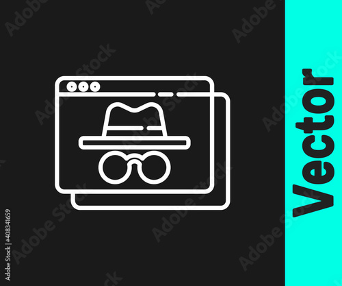 White line Browser incognito window icon isolated on black background. Vector.