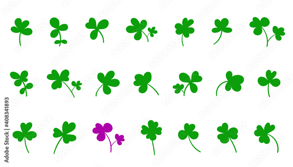 Set of clover leaves. Collection of magical plant. Decoration for St. Patrick's Day, trefoils and quatrefoils. Shamrock. Irish story. Isolated on white. Set of clover leaves. Collection of magical plant. Decoration for St. Patrick's Day, trefoils and quatrefoils. Shamrock. Irish story. Isolated on white.