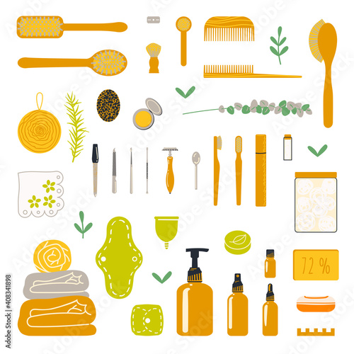 A set of eco friendly personal hygiene products. Vector illustration in a flat style.