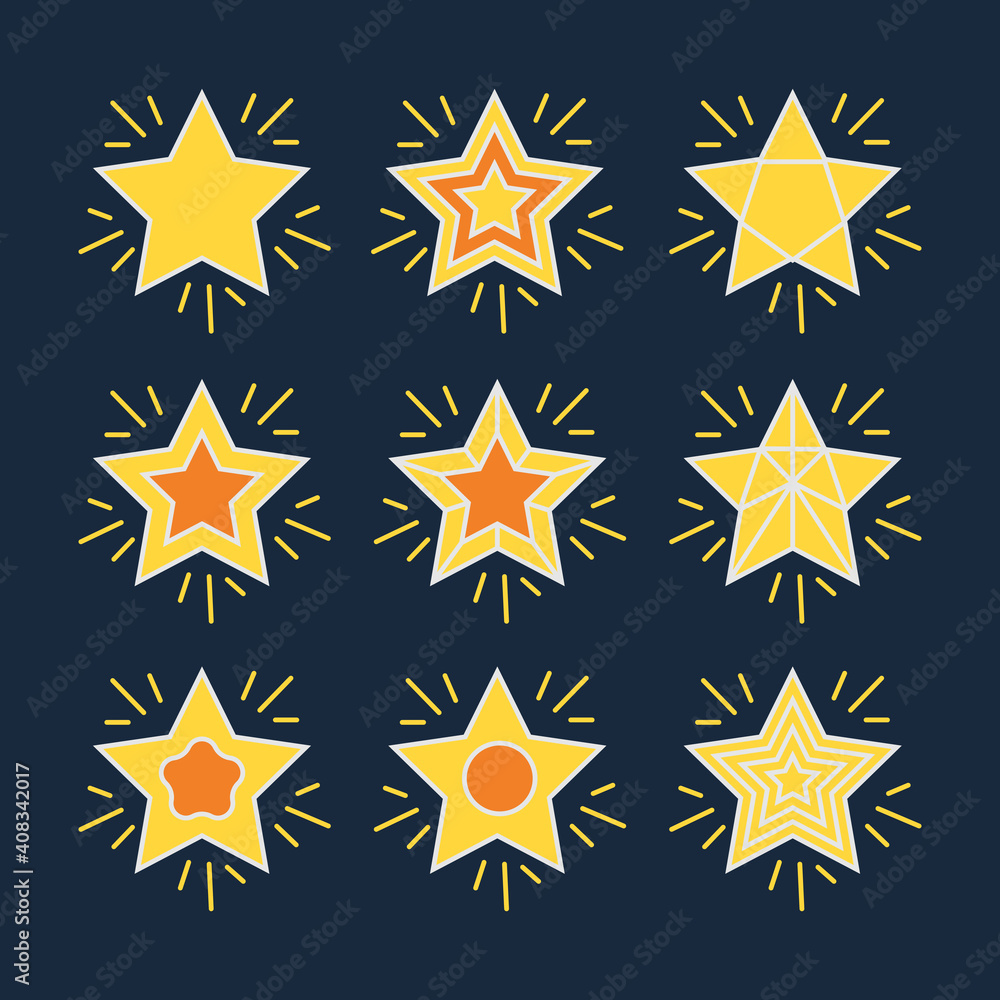 Pack of shiny stars with geometric designs on yellow and orange colors. Set flat decoration stars icon isolated. Shiny sparkle sign collection element light vector illustration Pack of shiny stars with geometric designs on yellow and orange colors. Set flat decoration stars icon isolated. Shiny sparkle sign collection element light vector illustration