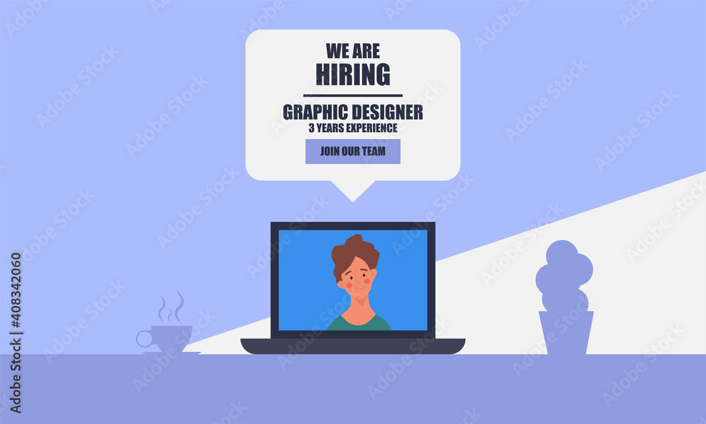 We are hiring a graphic background designer for an employee search for a job. We are hiring talent for work. Finding a good working designer vector illustration concept with laptop