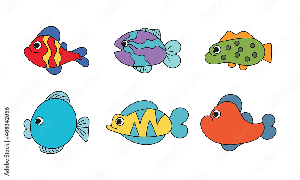 Flat fish set icon isolate white. The colorful inhabitants of the ocean are fish of different shapes. Collection of sea underwater animals vector illustration