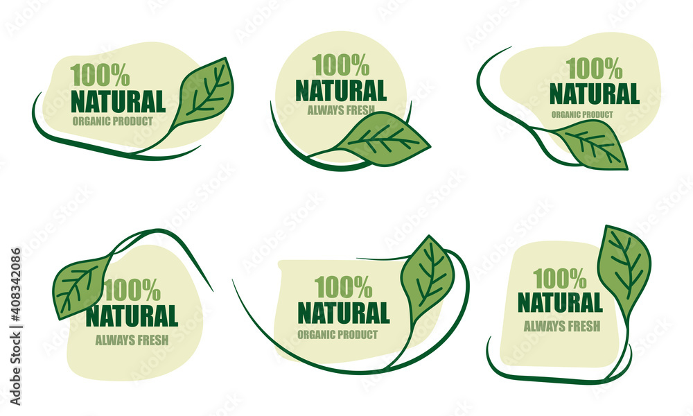 Collection of 100% natural green icon isolated on white. Natural fresh food and organic food icons. Nature Green icons set vector illustration label
