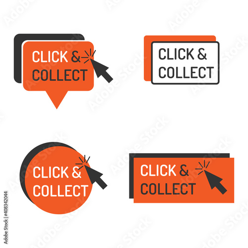 Detailed click and collect sign isolated white. Shop store label sign click and collect set with mouse icon. Business commerce service sticker sign vector illustration