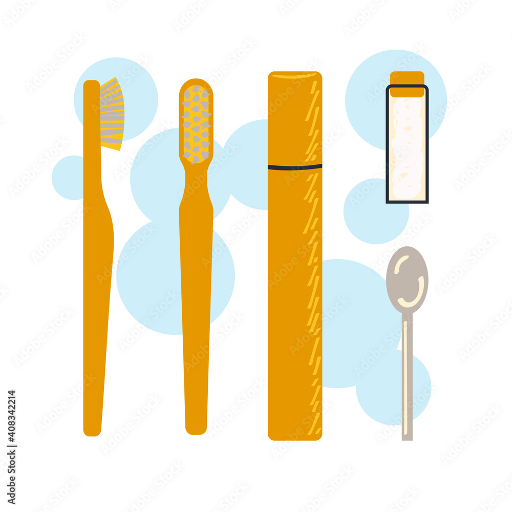 A set of accessories for oral hygiene with a zero waste lifestyle. Vector illustration in a flat style. A set of accessories for oral hygiene with a zero waste lifestyle. Vector illustration in a flat style.