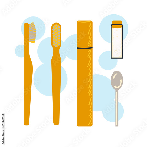A set of accessories for oral hygiene with a zero waste lifestyle. Vector illustration in a flat style.
