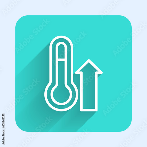 White line Meteorology thermometer measuring icon isolated with long shadow. Thermometer equipment showing hot or cold weather. Green square button. Vector.