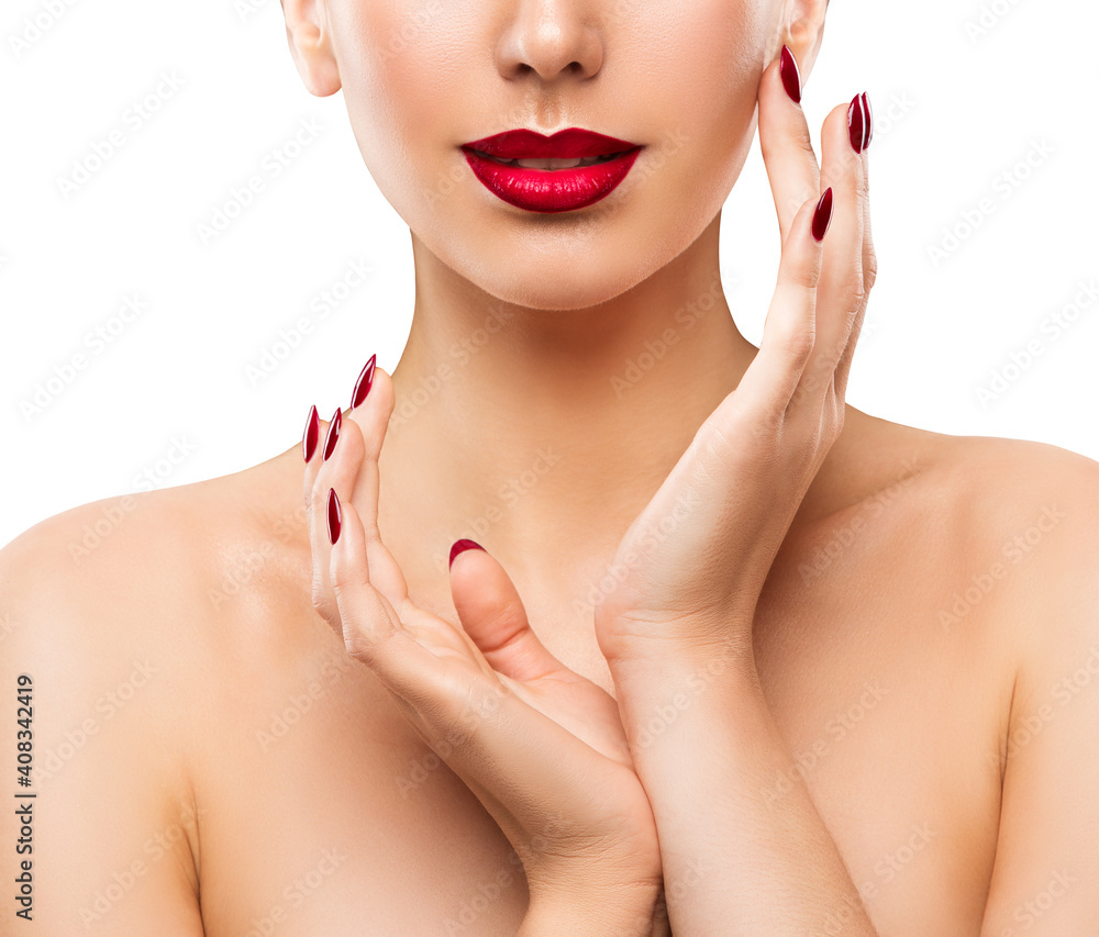 Nail Lip Beauty Model. Woman Face Hand Skin Care. Make up Portrait Close up isolated White Nail Lip Beauty Model. Woman Face Hand Skin Care. Make up Portrait Close up isolated White