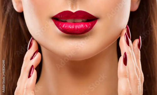 Lips Nail Closeup  Woman Beauty Makeup  Red Lipstick and Face Skin Care