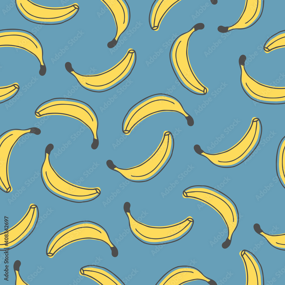 Vector seamless pattern with banana fruit on blue background. Cute pattern with hand drawn fruits