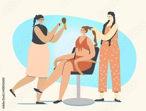 Woman Visit Beauty Salon Concept. Young Masters doing Braiding Hairstyle for Girl Client Sit in Chair in Grooming Club