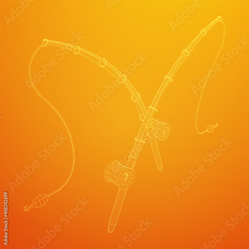 Fishing rod with line sinker and hook. Wireframe low poly mesh vector illustration.