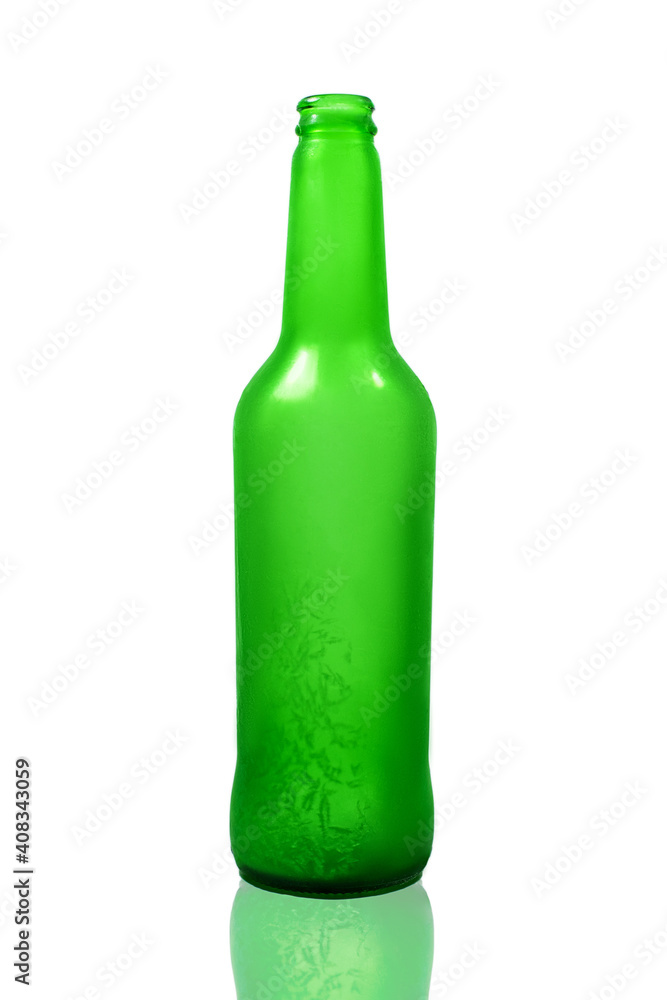 empty green frosted frozen beer bottle on white background empty green frosted frozen beer bottle on white background