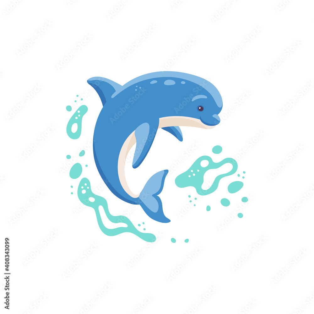 Blue dolphin character splashing in sea wave flat vector illustration isolated.