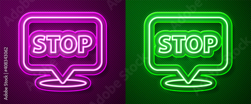 Glowing neon line Protest icon isolated on purple and green background. Meeting, protester, picket, speech, banner, protest placard, petition, leader, leaflet. Vector.