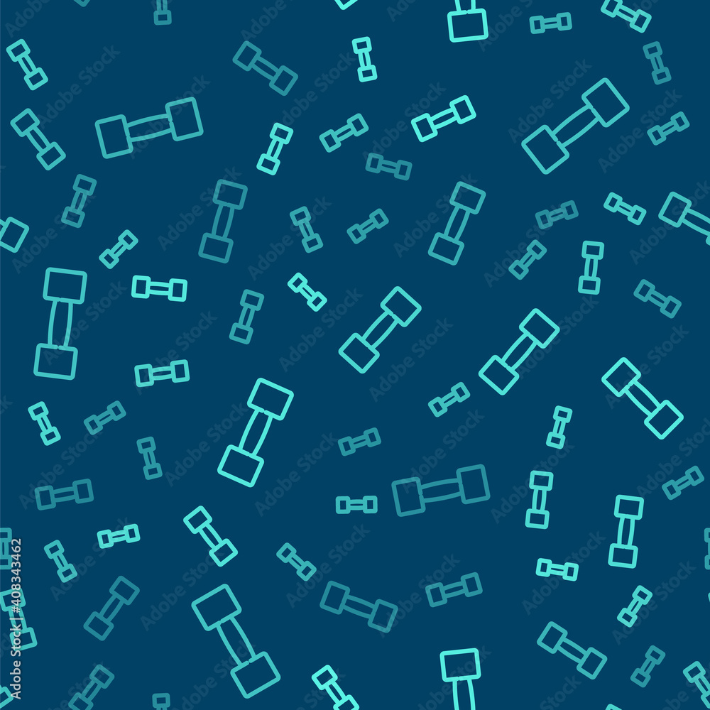 Green line Dumbbell icon isolated seamless pattern on blue background. Muscle lifting icon, fitness barbell, gym, sports equipment, exercise bumbbell. Vector. Green line Dumbbell icon isolated seamless pattern on blue background. Muscle lifting icon, fitness barbell, gym, sports equipment, exercise bumbbell. Vector.