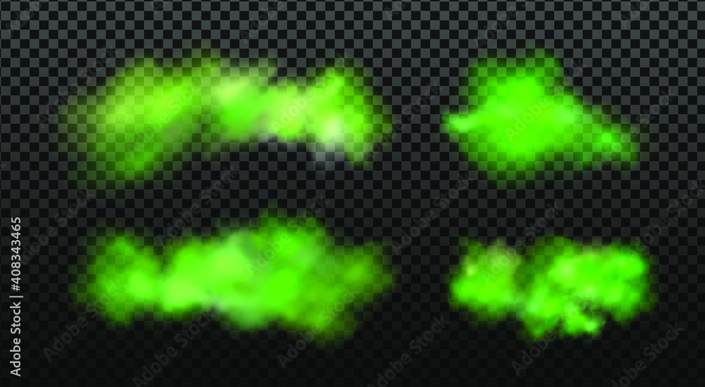 Green stink bad smell, smoke or poison gases,chemical toxic vapour.Vector realistic set of stench breath or sweat odor isolated on transparent checkered background. Green stink bad smell, smoke or poison gases,chemical toxic vapour.Vector realistic set of stench breath or sweat odor isolated on transparent checkered background.