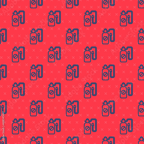 Blue line Pressure sprayer for extermination of insects icon isolated seamless pattern on red background. Pest control service. Disinfectant sprayer. Vector.