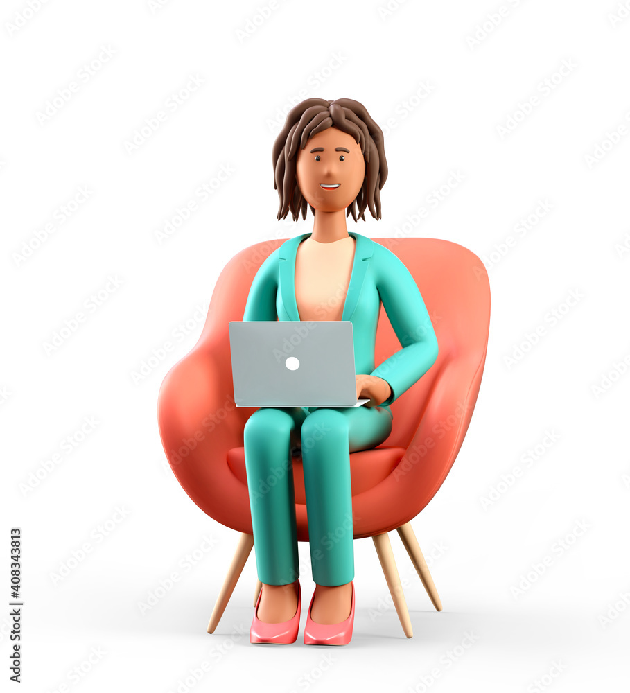 custom made wallpaper toronto digital3D illustration of smiling african american woman with laptop sitting in armchair. Cute cartoon elegant businesswoman working in office and using social networks, isolated on white.