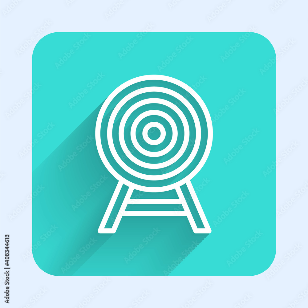 White line Target with arrow icon isolated with long shadow. Dart board sign. Archery board icon. Dartboard sign. Business goal concept. Green square button. Vector. White line Target with arrow icon isolated with long shadow. Dart board sign. Archery board icon. Dartboard sign. Business goal concept. Green square button. Vector.