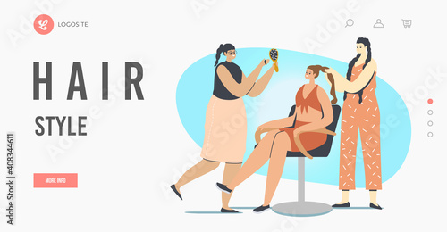 Hair Style Landing Page Template. Woman Character Visiting Beauty Salon. Masters do Braiding Hairstyle for Girl Client