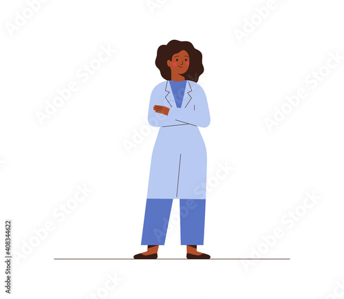 Black female doctor in medical uniform stands isolated on white background. Confident African American woman medicine worker crossed her arms vector flat illustration.