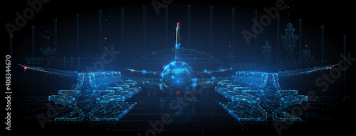 igital polygonal 3d airplane, departure lounge with empty seats in dark blue. Quarantine at airport, COVID-19 pandemic, closed air traffic concept. Abstract vector mesh wireframe with connected dots 