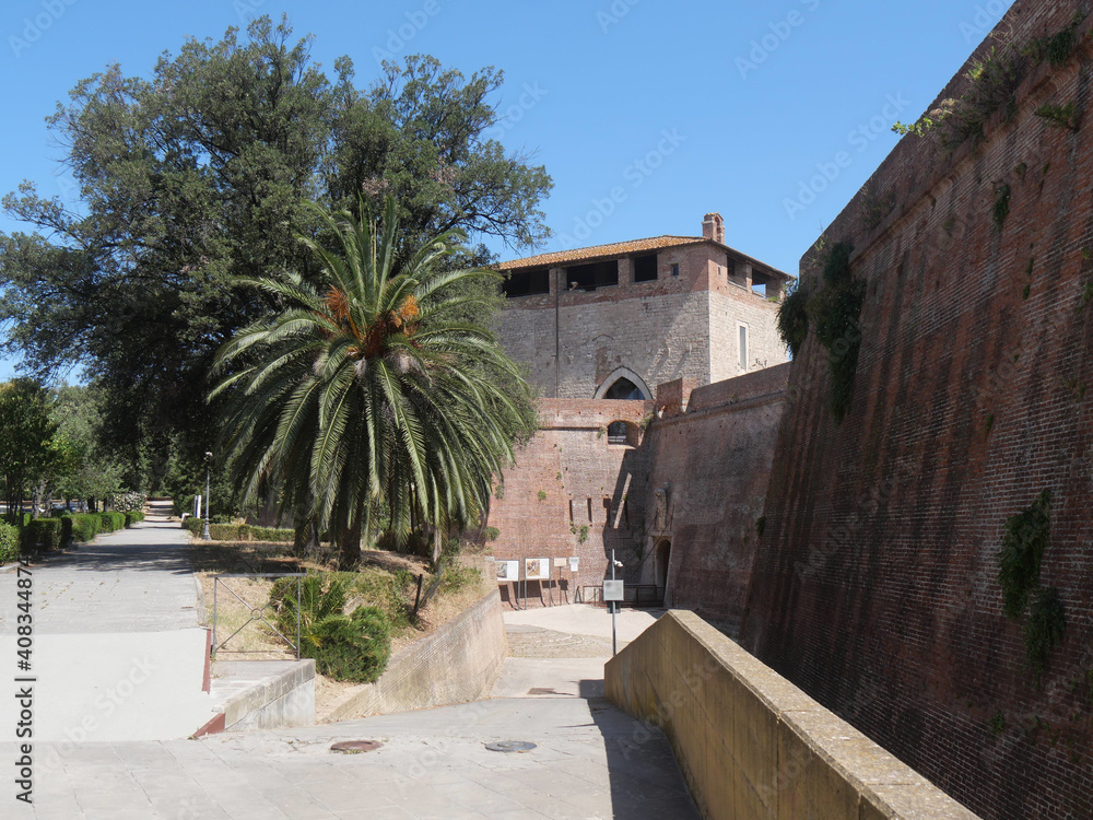 Fortress of Grosseto, the facade with the entrance preceded by a drawbridge and sorrounded by Towers and Bulwarks.