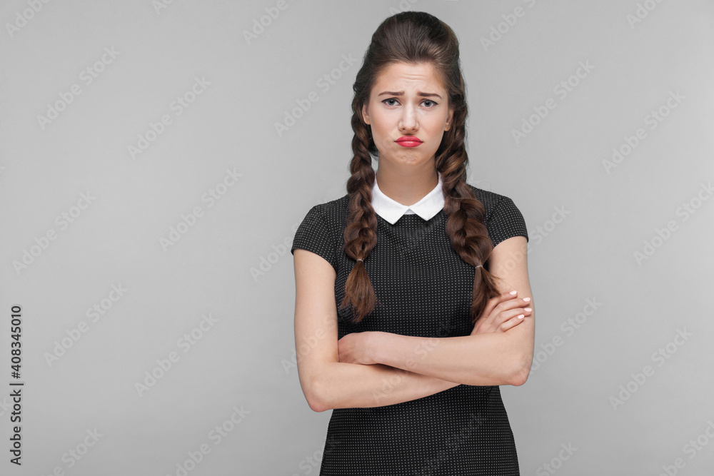 Unhappy depressed girl looking at camera with stress look. Unhappy depressed girl looking at camera with stress look.