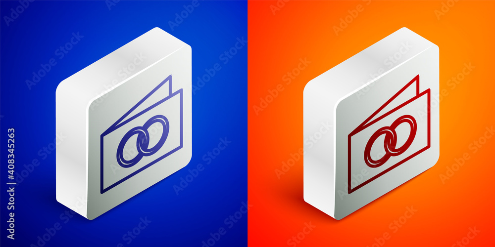 Isometric line Greeting card icon isolated on blue and orange background. Celebration poster template for invitation or greeting card. Silver square button. Vector. Isometric line Greeting card icon isolated on blue and orange background. Celebration poster template for invitation or greeting card. Silver square button. Vector.