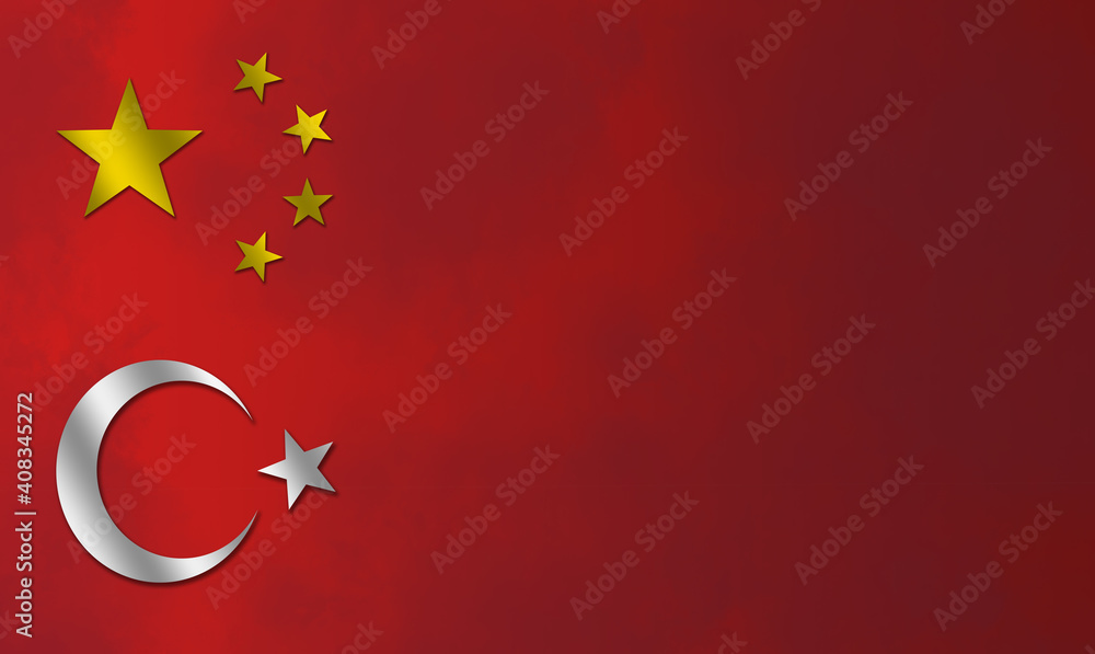 The Turkish flag logo of a white crescent and star with the large gold star and four small stars of the Chinese flag on a red background