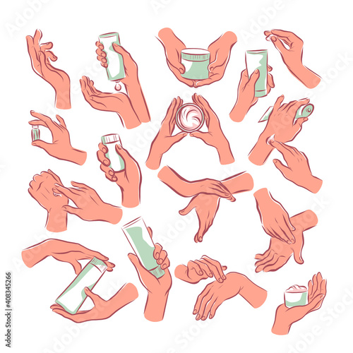 Collection of human hands with hand cream and moisturizer tube in different gestures and posses isolated on white background. Vector flat hand drawn illustration. For banners, ads, emblems, tags etc.