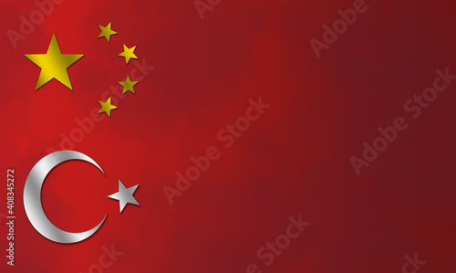 Obraz na płótnie The Turkish flag logo of a white crescent and star with the large gold star and four small stars of the Chinese flag on a red background w salonie