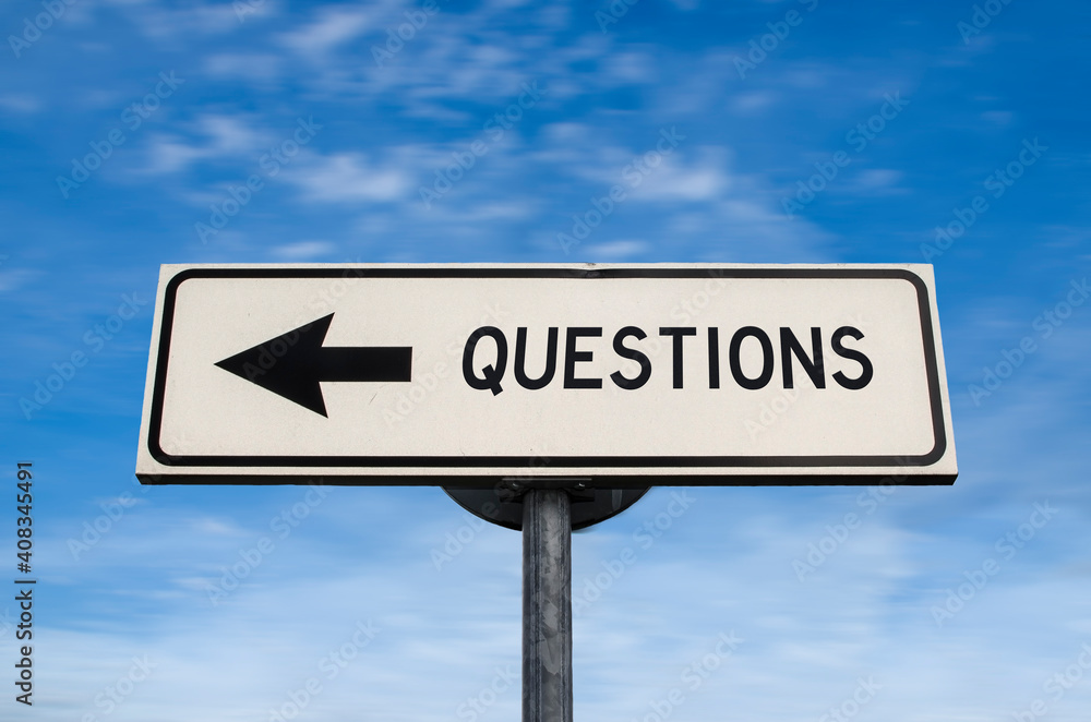 Questions road sign, arrow on blue sky background. One way blank road sign with copy space. Arrow on a pole pointing in one direction. Questions road sign, arrow on blue sky background. One way blank road sign with copy space. Arrow on a pole pointing in one direction.